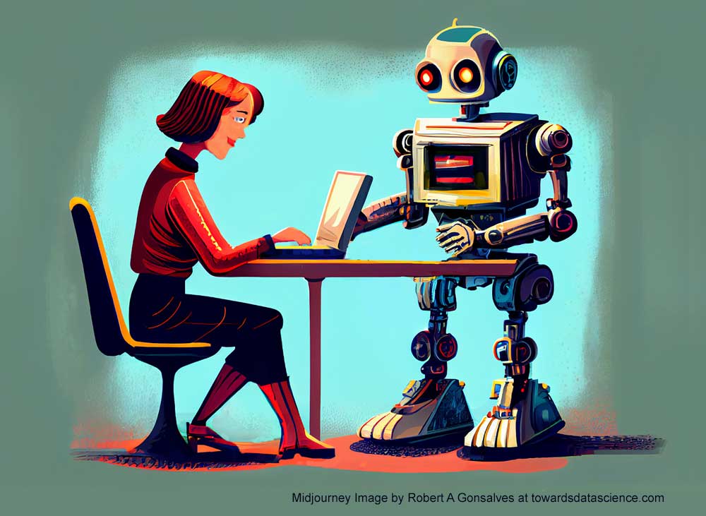 Standing ChatGPT robot advising a writer seated at a desktop computer